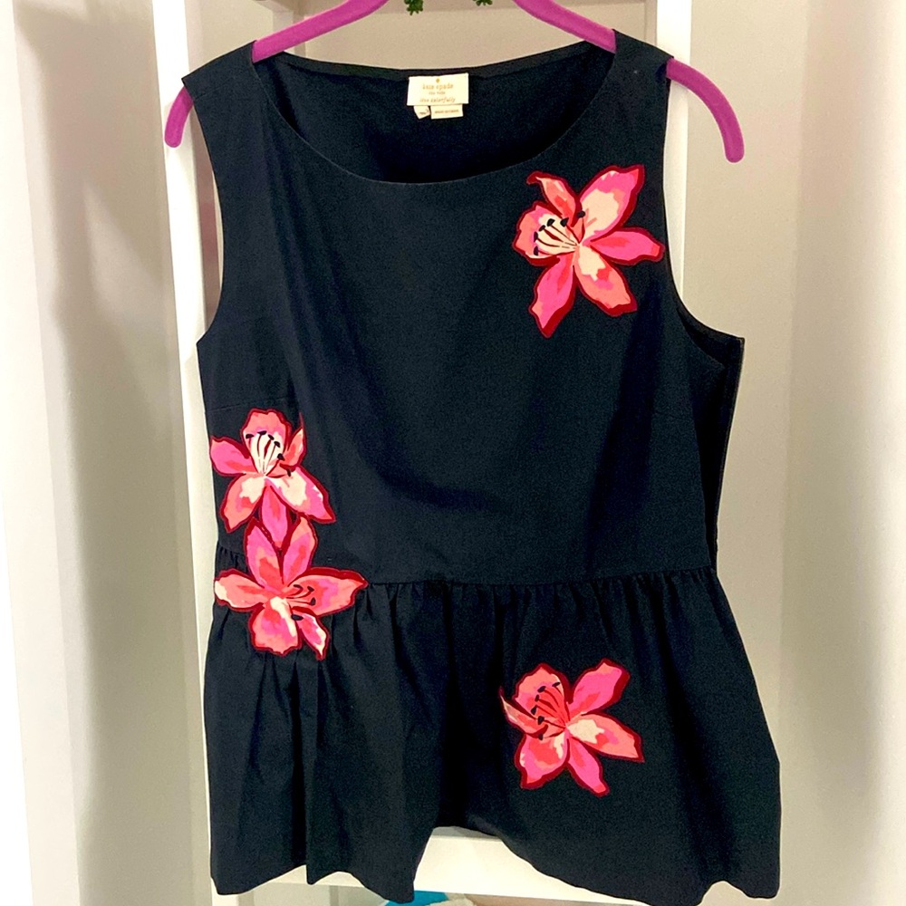 kate spade Black Sleeveless Peplum Top with Pink Floral Appliqués